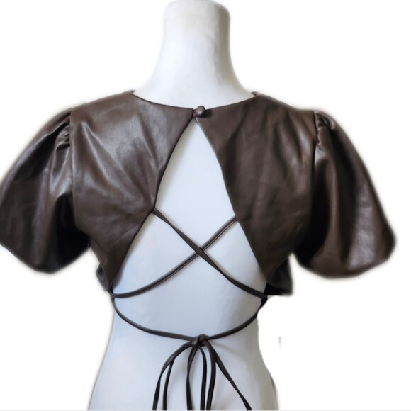 Kirious NWT Come Across It Faux Leather Crop Top, Puff Sleeves, Brown, M - Picture 3 of 11